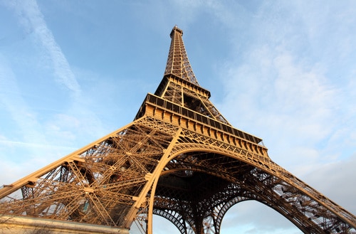 A bottom shot of the Eiffel Tower
