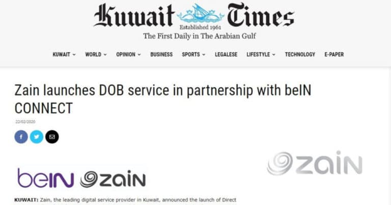 Screenshot of Kuwait Times article on Zain and beIN Connect