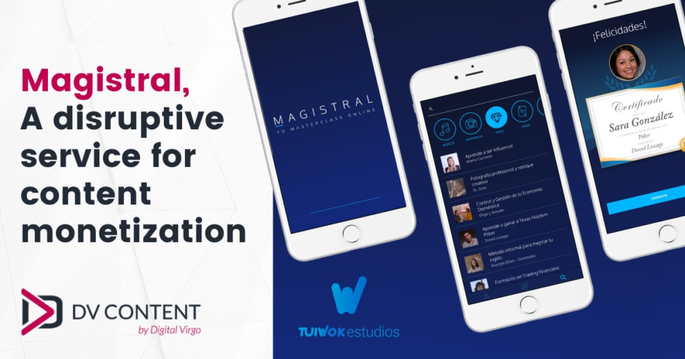 Titre de Magistral, un service innovant pour la monétisation des contenus. 3 écrans mobiles avec différentes masterclasses disponibles et certification