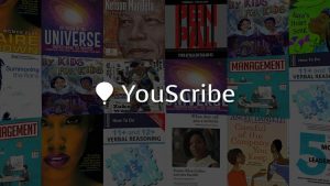 Poster about Youscribe with several books as background image