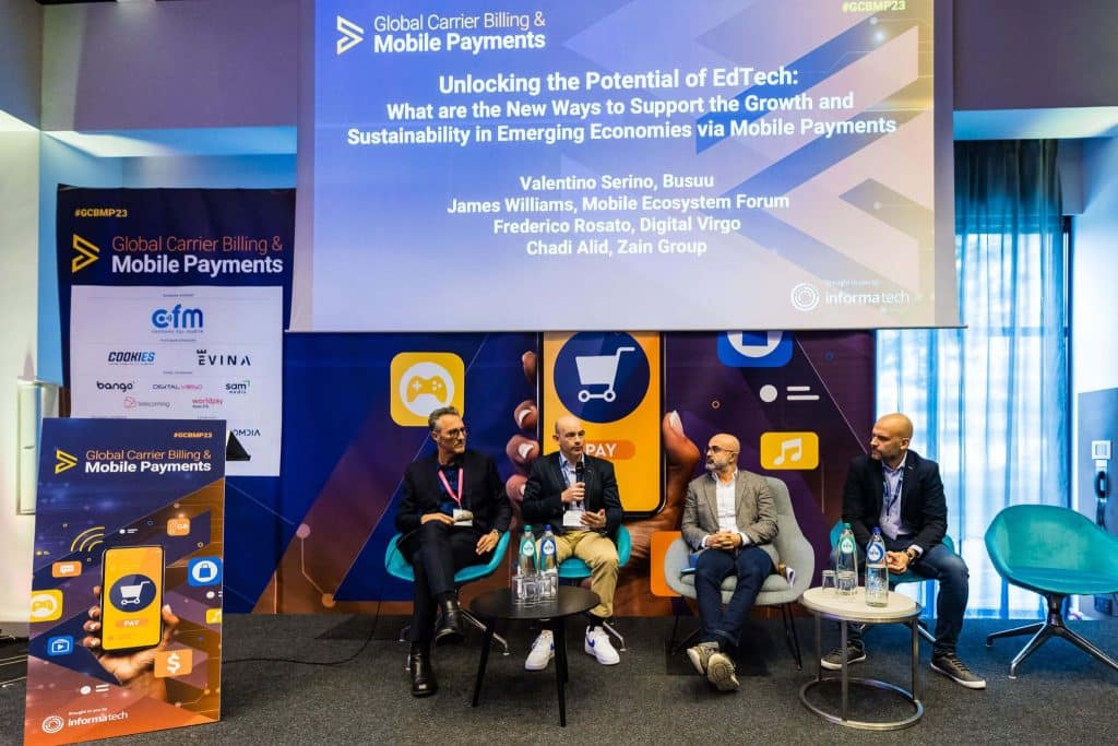 Participants of the EdTech panel on stage at Global Carrier Billing And Mobile Payments Summit in Amsterdam