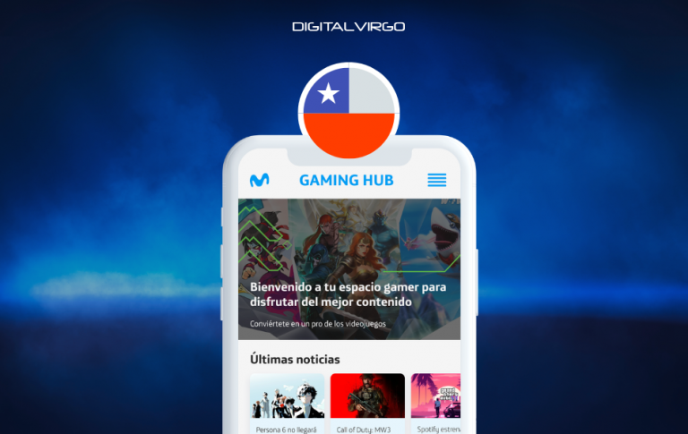 Movistar Gaming Hub screenshot on a phone and Chilean flag