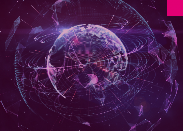 Worldwide data connections over neutral background and pink square yo illustrate a year of data