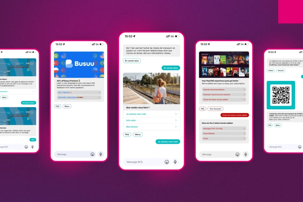 Illustrations of RCS flows and geolocation features through rich cards
