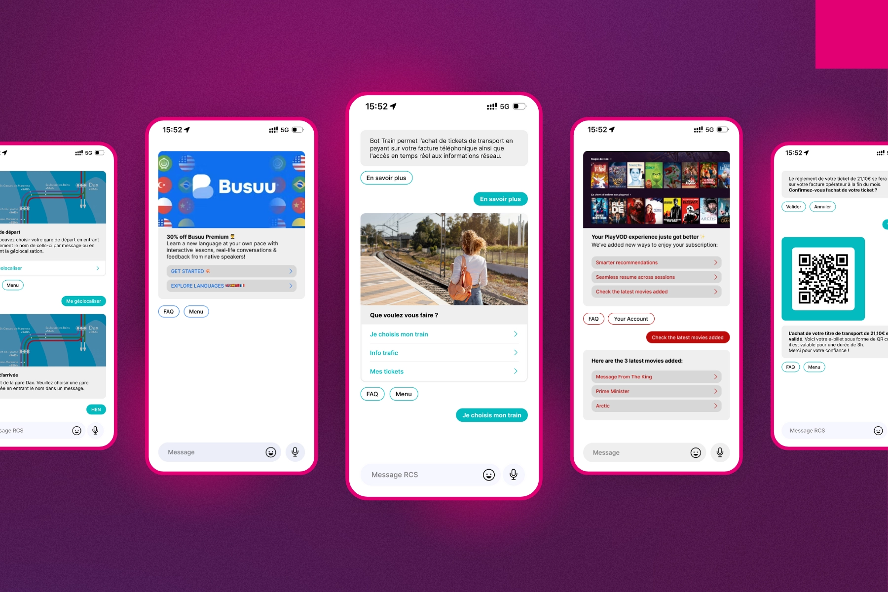 Illustrations of RCS flows and geolocation features through rich cards