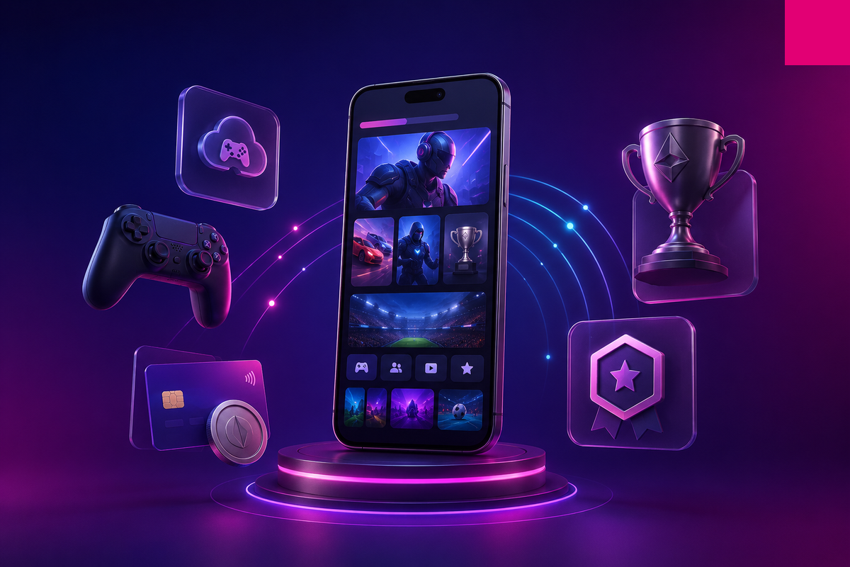 A central smartphone surrounded by gaming icons, an e-sports trophy, a payment card, and magenta and purple network arcs, illustrating a gaming hub as a growth driver for a telecom operator.