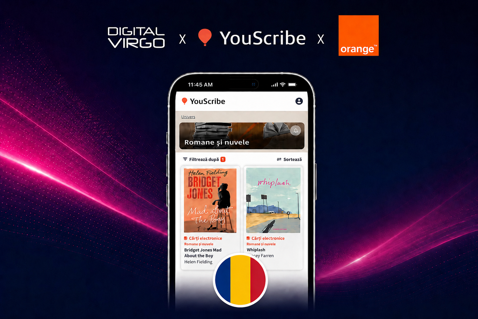 Digital Virgo, YouScribe and Orange partnership in Romania, featuring the YouScribe digital reading platform on a smartphone with Romanian content.