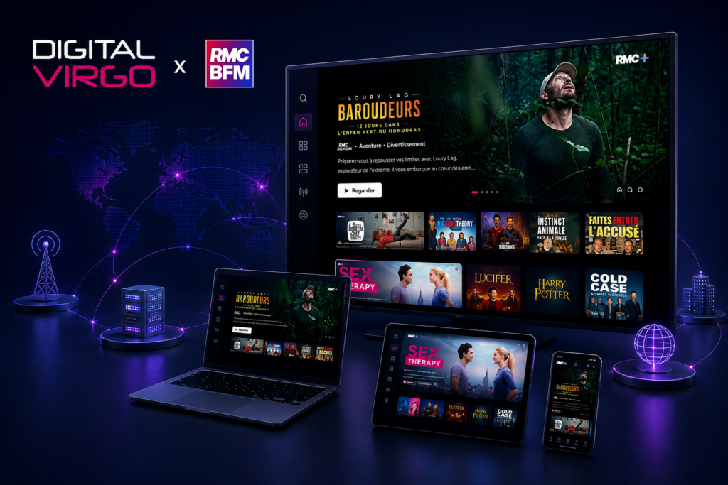 Digital Virgo and RMC BFM partnership visual showcasing the RMC+ streaming platform across TV, laptop, tablet and smartphone, connected through a global digital distribution network.