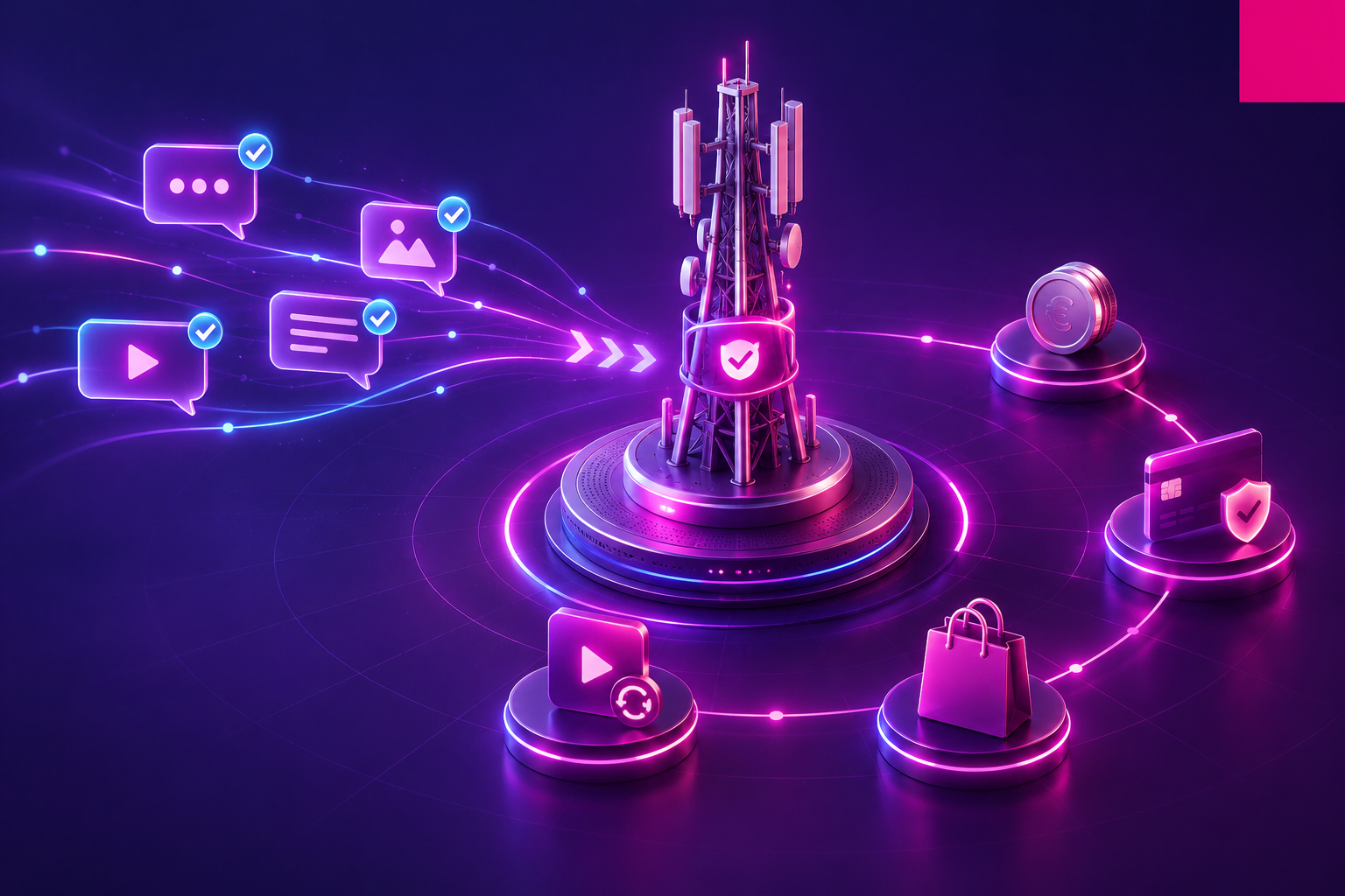 Illustration of a telecom network connecting verified rich messaging interactions with digital content, payments and commerce, showing how RCS can transform engagement into secure transactional journeys.