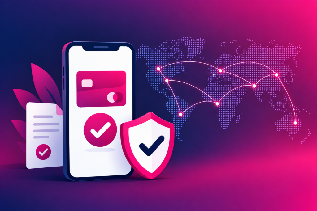 Illustration of a smartphone, payment confirmation and protective shield beside a connected world map, symbolizing secure payments and user protection across global mobile ecosystems.